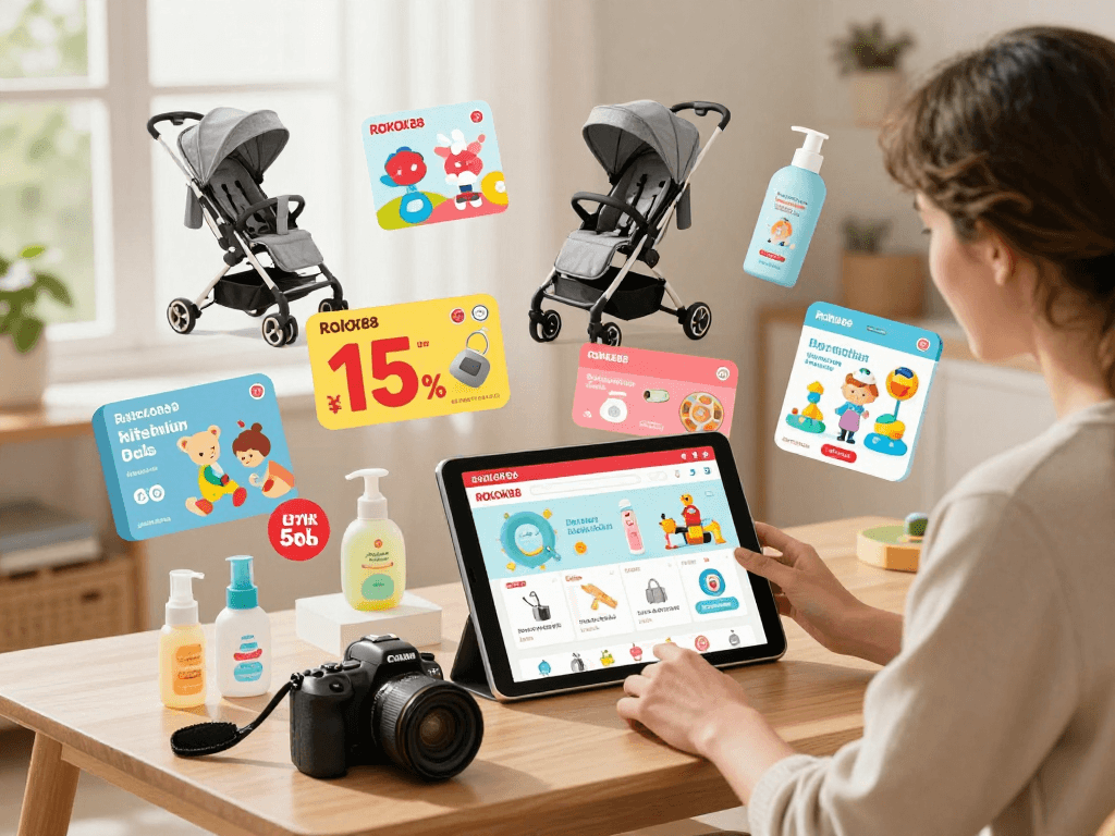 rokok 88 online shopping scene featuring vibrant baby products and joyful parent browsing