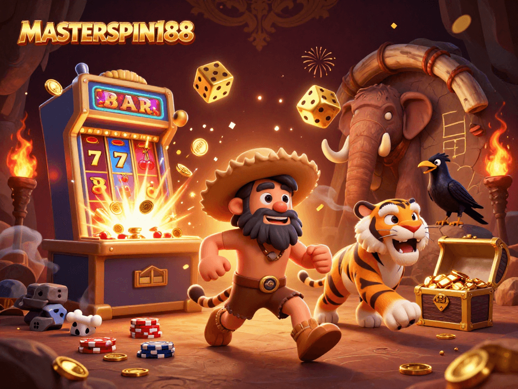 Engage with the jackpot at MASTERSPIN188 in this vibrant prehistoric casino scene bursting with excitement.