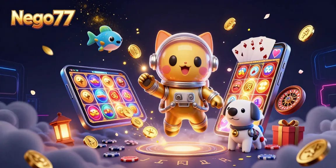 Experience thrilling gameplay with nego77 featuring a vibrant scene of a cat astronaut amidst casino elements.