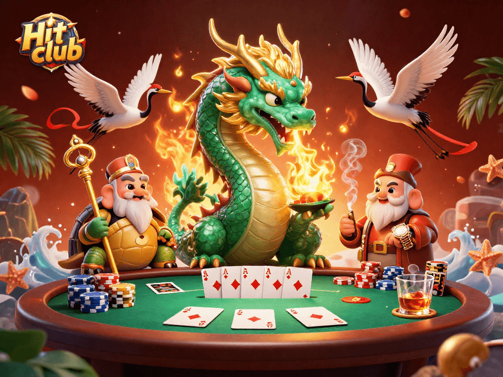 Experience the thrill of Hit club with an exciting dragon, sage, and lucky cranes at a poker table.