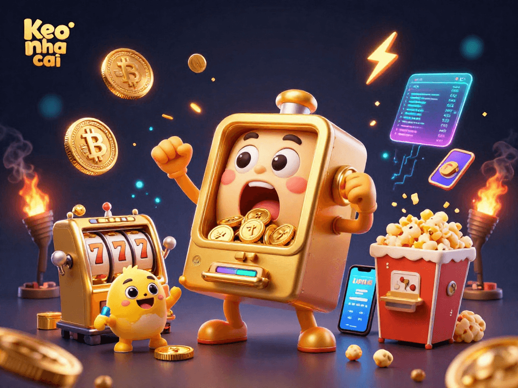 Engaging scene of keo nha cai slot machine celebrating a jackpot, surrounded by cheering mini machines and rich dynamic elements.
