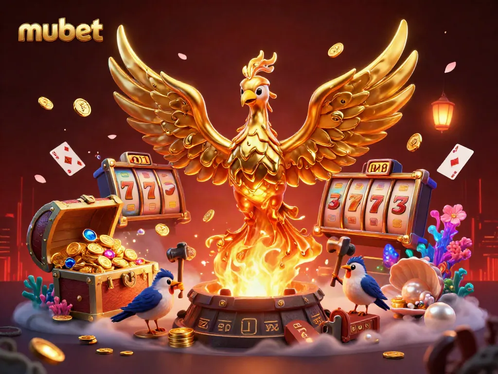 Experience the thrilling slots gaming world with mubet, highlighted by a molten golden phoenix and vibrant treasures.