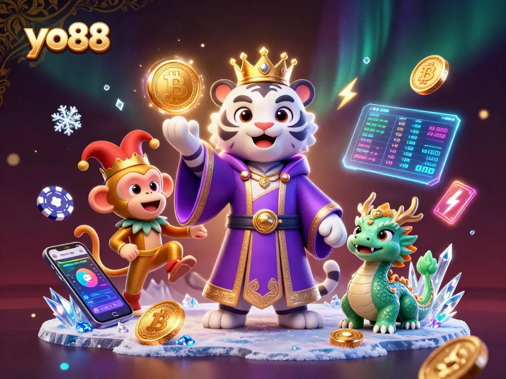 Engage with yo88's thrilling online casino games featuring characters like a royal tiger and a playful monkey.