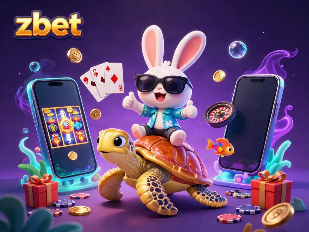 Join the excitement at zbet with this 3D illustration featuring a lucky rabbit and a golden turtle in a vibrant casino underwater scene.