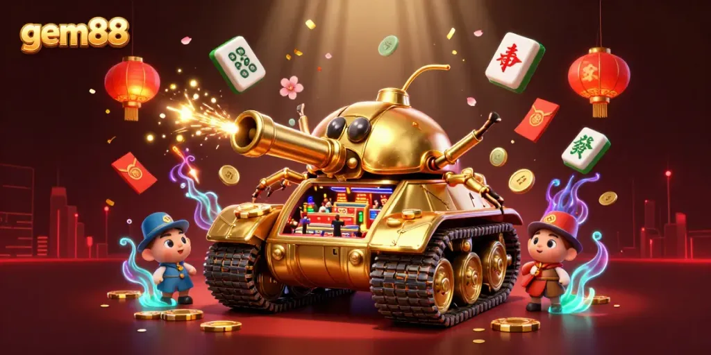 Experience the exciting world of gem88 with this animated 3D casino scene featuring a golden beetle tank and mini casino.