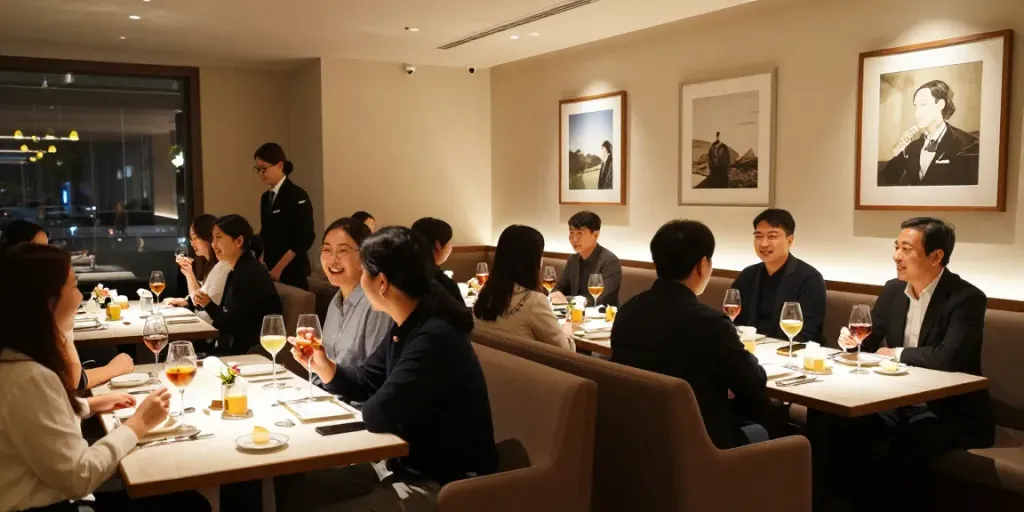 강남구구단 쩜오에서 손님들이 대화하는 모습과 고급스러운 독립 룸 환경