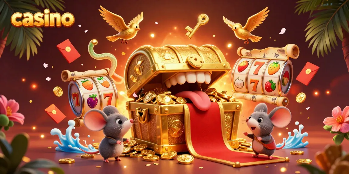 Experience thrilling casino adventures with a treasure chest, slot reels, and fortune symbols.