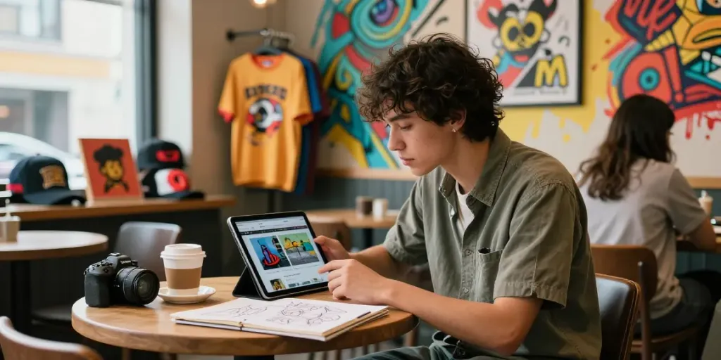 Young professional engaging with rokok88 merchandise in a trendy café setting.