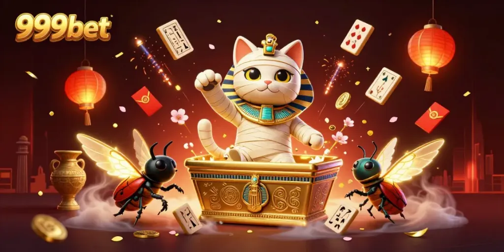 Experience the thrill of 999bet with an Egyptian mummy cat and treasures in a vibrant pyramid casino.