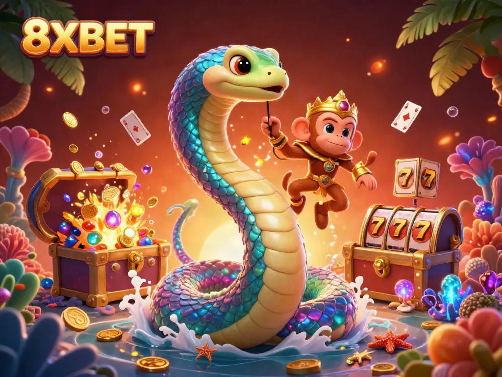 Experience dynamic gaming action with 8XBET's vibrant characters and casino elements.