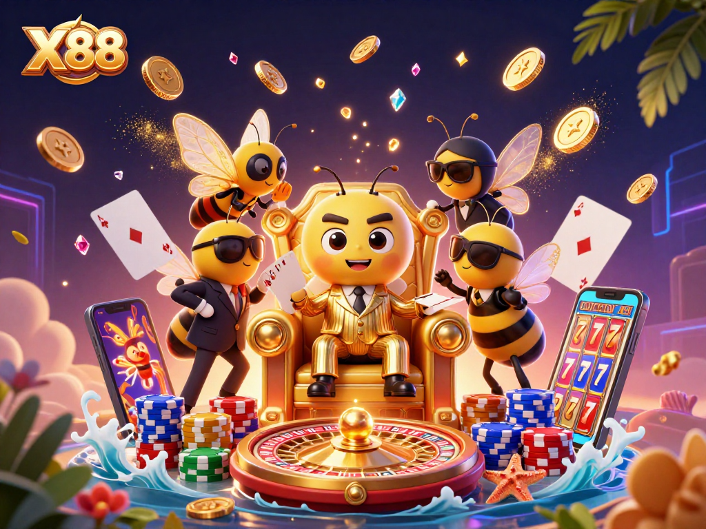 X88 players experience vibrant casino action with a bumblebee mob boss and wasp bodyguards.