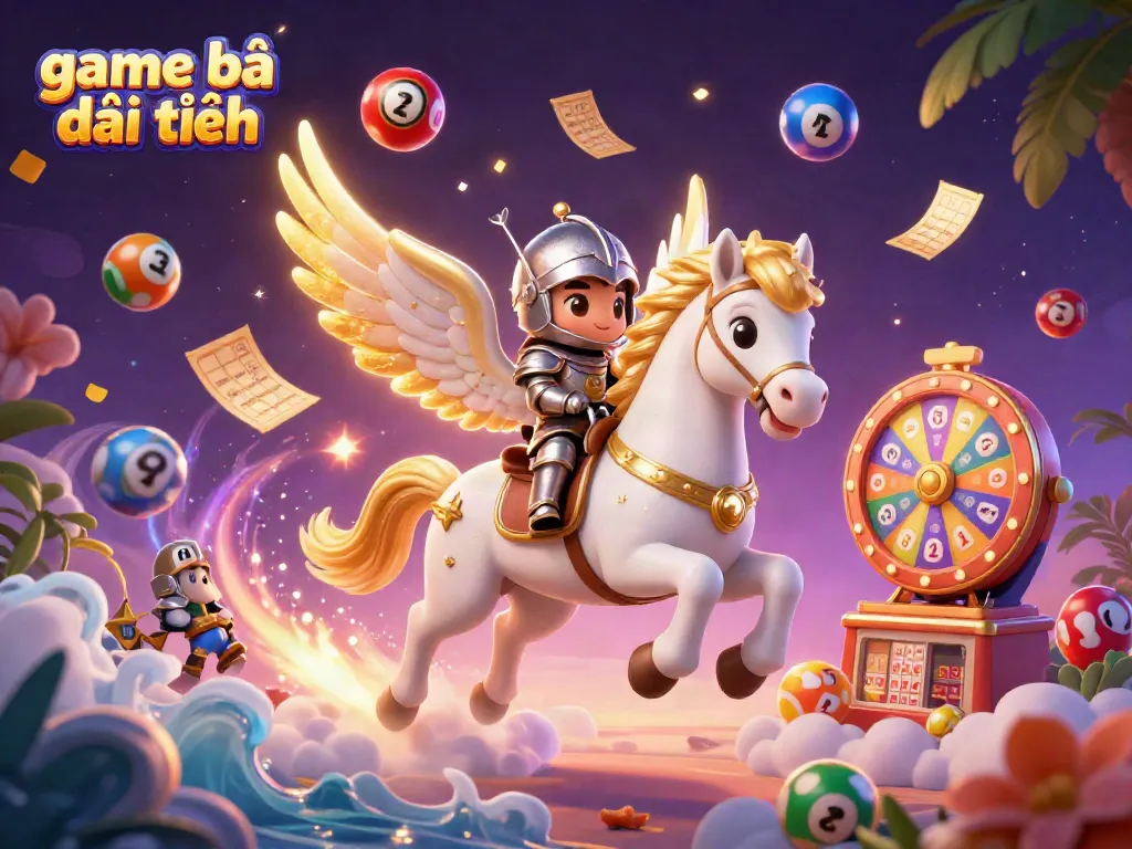 Engage in game bài đổi thưởng with vibrant lottery balls and a celestial knight in an enchanting casino scene.