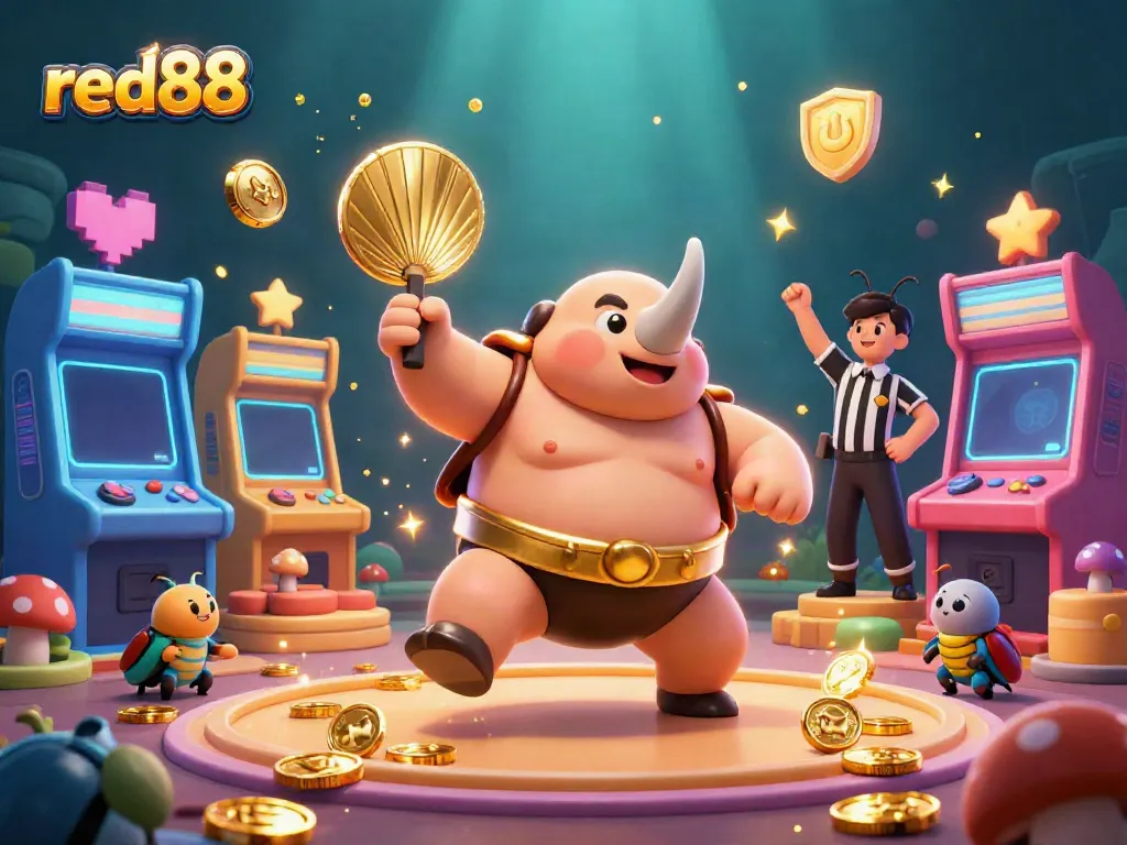Experience the excitement of red88 casino with a dynamic scene featuring a rhinoceros beetle champion and colorful gaming elements.
