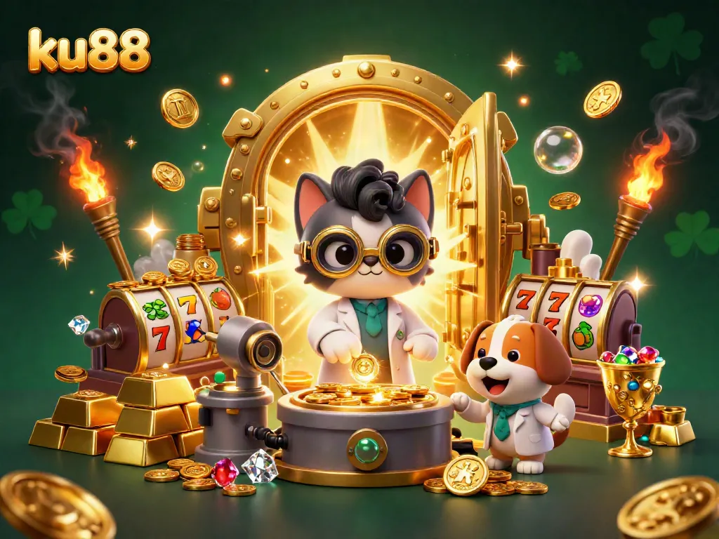 ku88 brings excitement to casino fans with a dynamic gold coin replication machine scene, featuring playful characters and vibrant treasures.