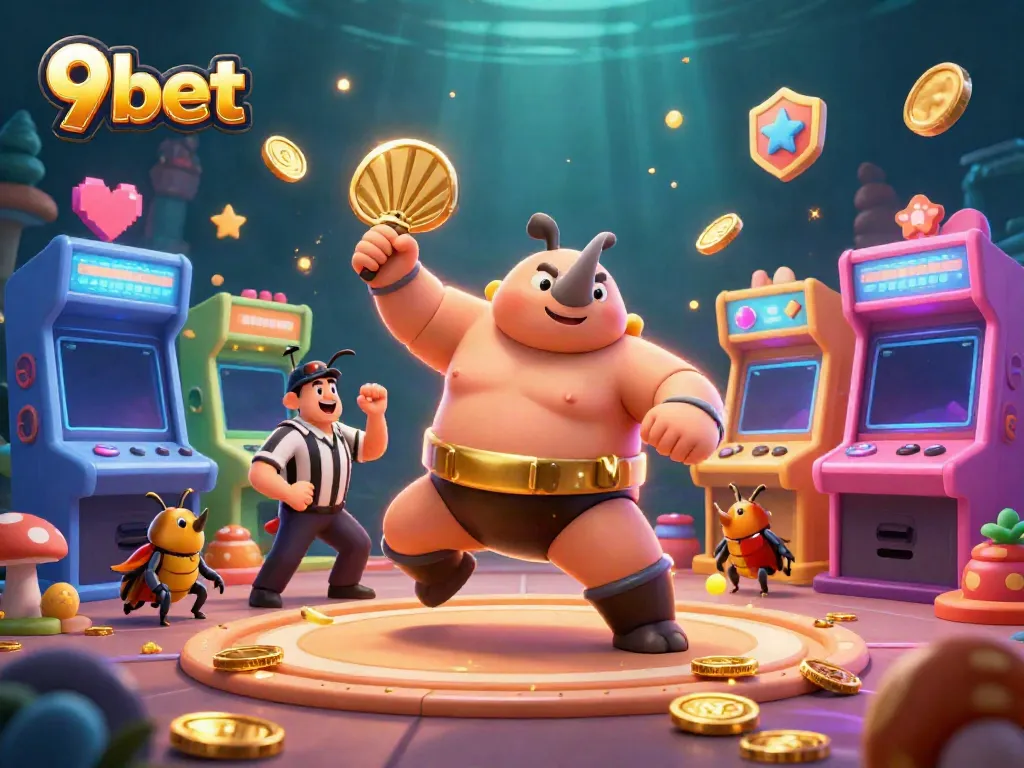 Engage with the thrilling world of 9bet as a sumo champion beetle wins coins amidst arcade and casino elements.