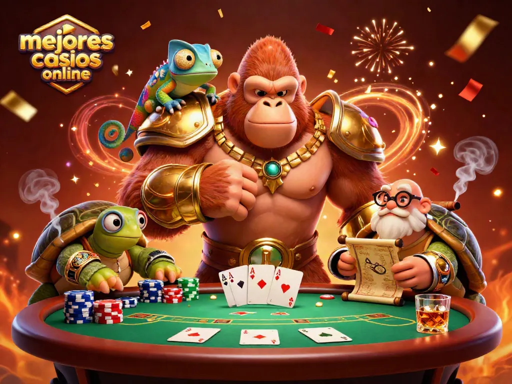 Los mejores casinos online: imagen divertida con gorila y tortuga en un escenario de poker emocionante