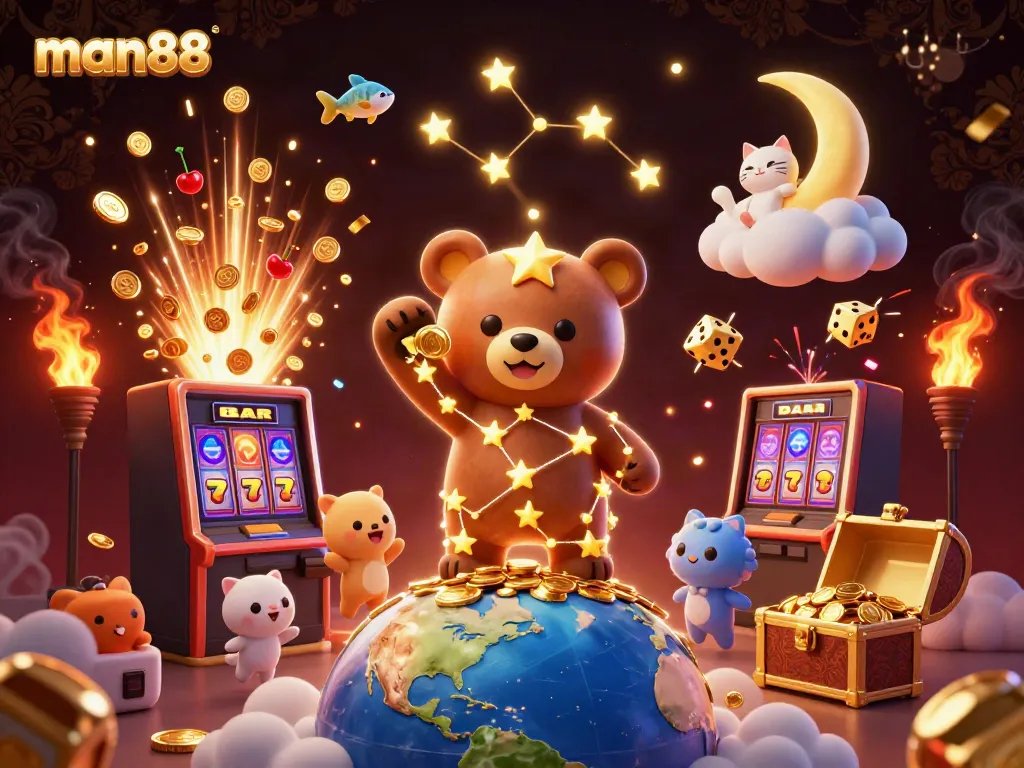Experience thrilling action at man88 with this vibrant illustrated casino scene featuring jackpots and games.