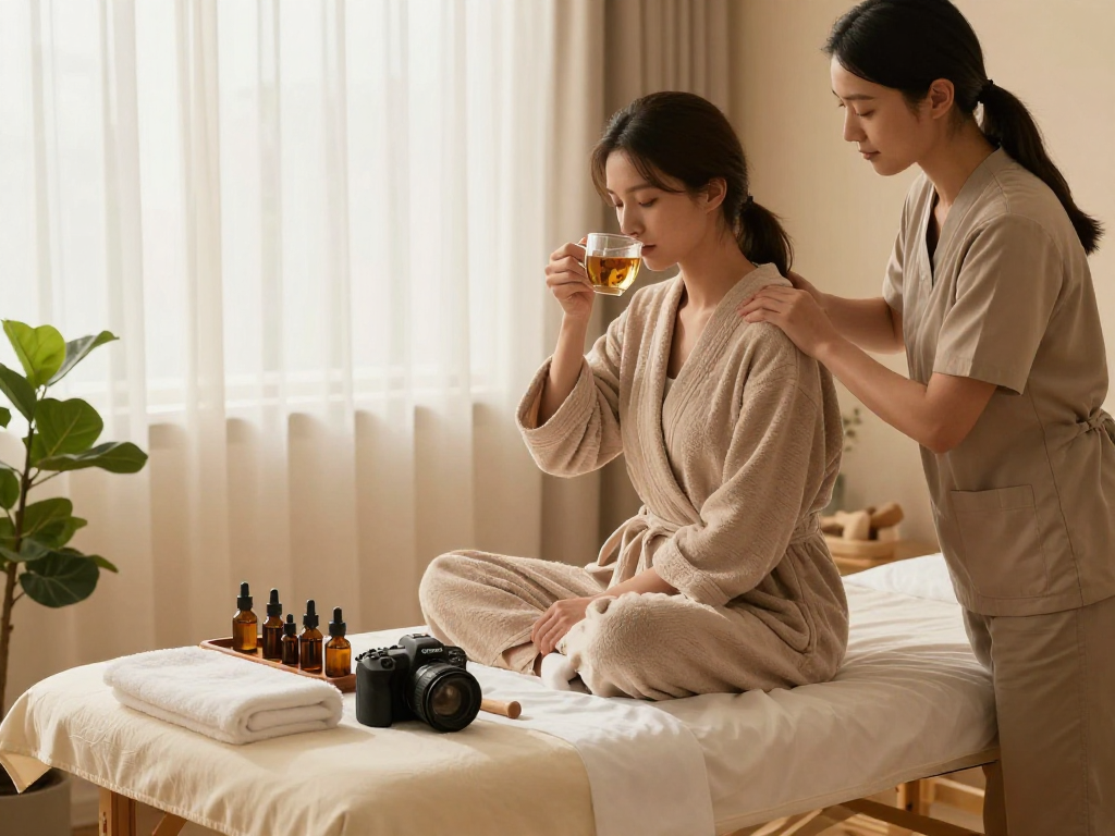 노원출장마사지 session with a skilled therapist preparing relaxing oils in a calming home environment.