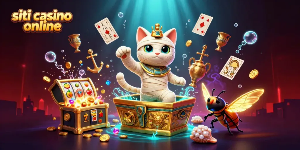 Scopri i migliori siti casino online con un gatto mummia che emerge da un sarcofago dorato in un casinò pyramidale.
