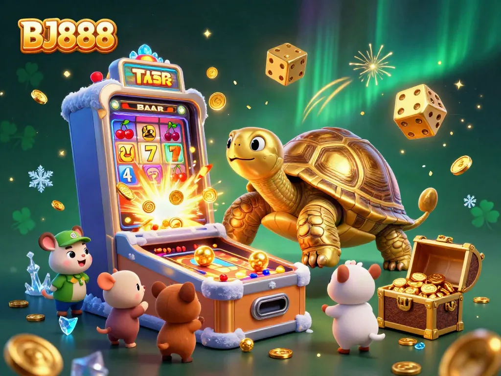 BJ888 showcases thrilling gambling excitement with golden tortoise pinball machine and slot machine bursts.