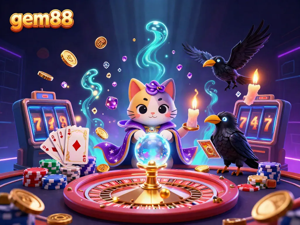 Experience the magic of gem88 with a fortune teller cat, glowing raven, and dynamic casino elements.