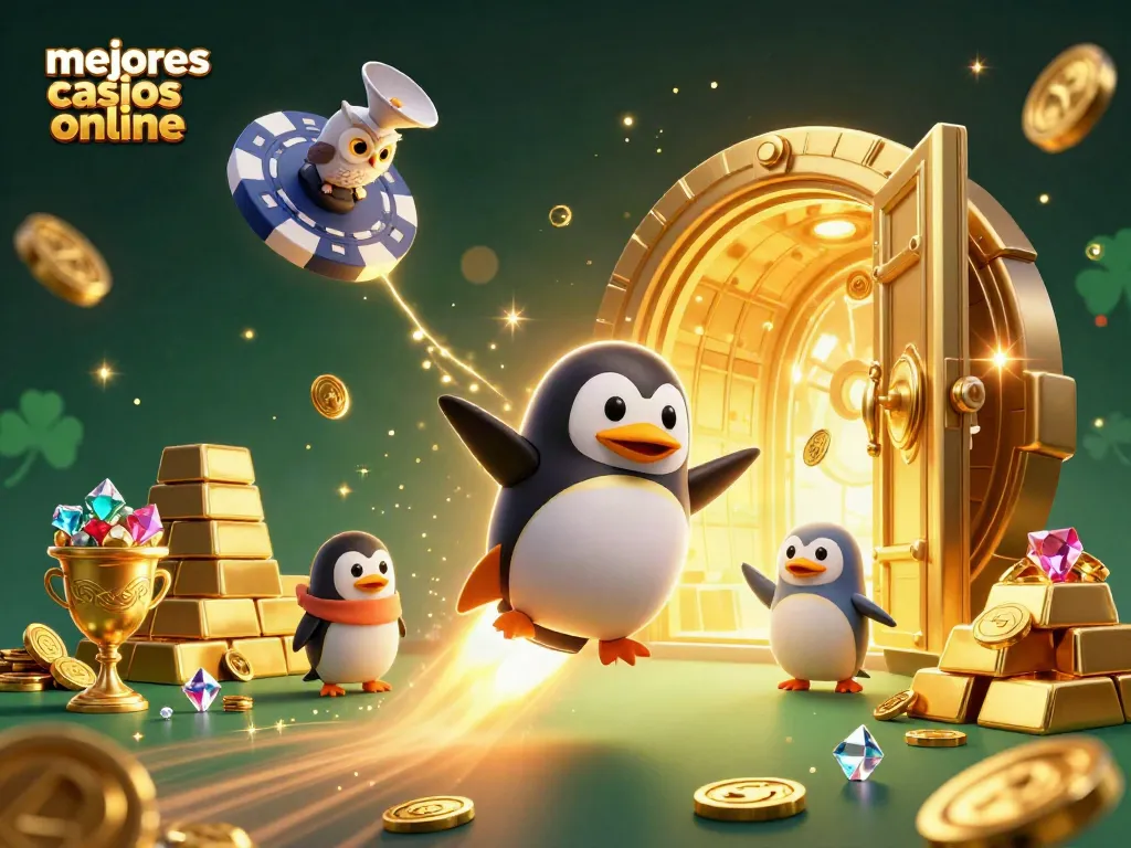 Disfruta de los mejores casinos online con la imagen de un pingüino dorado y elementos de juego.