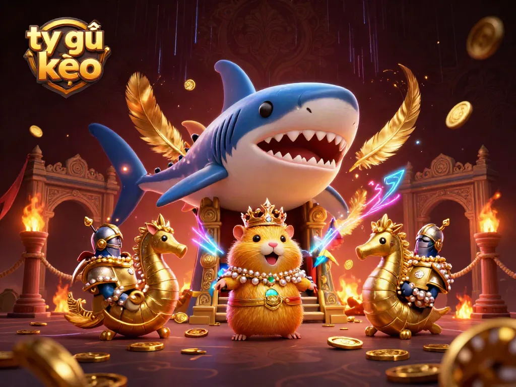 Bet on tỷ lệ kèo with a fierce hamster king, seahorse guards, and dynamic casino elements.