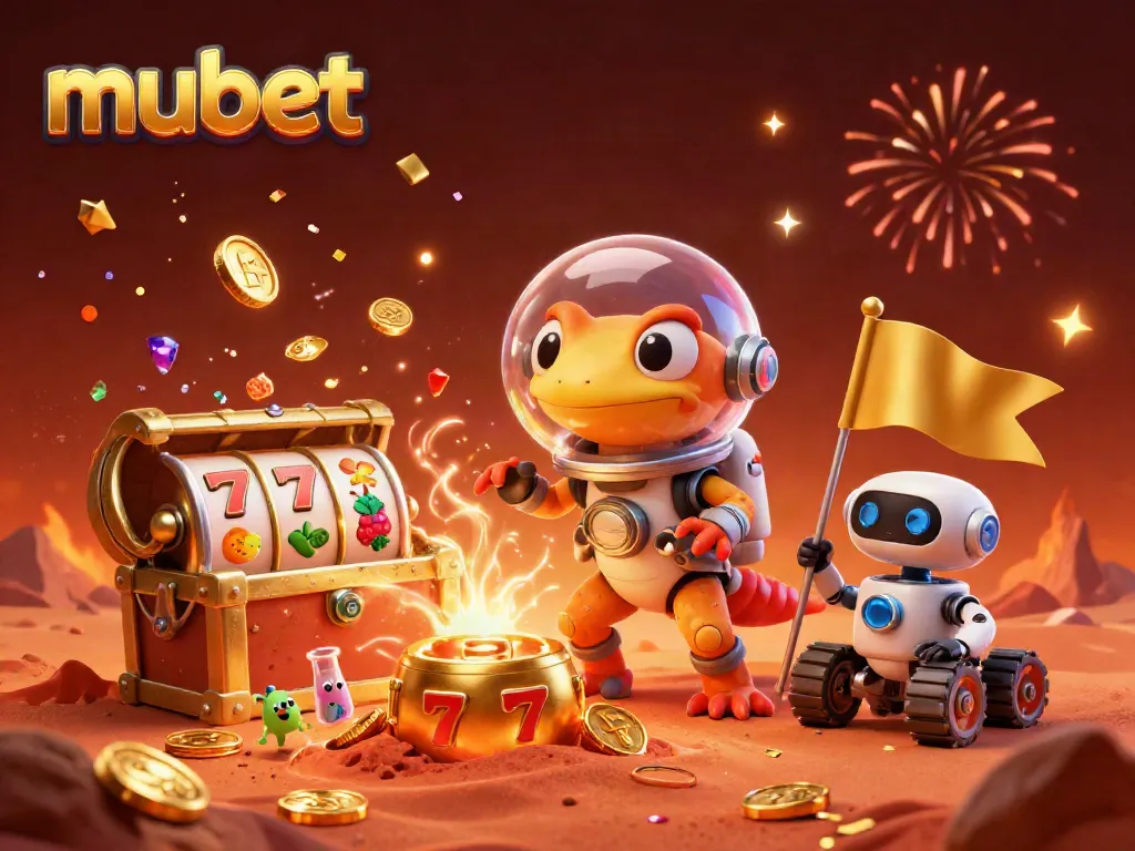 Mubet offers a vibrant casino adventure with Martian gecko, retro elements, and floating slot reels.