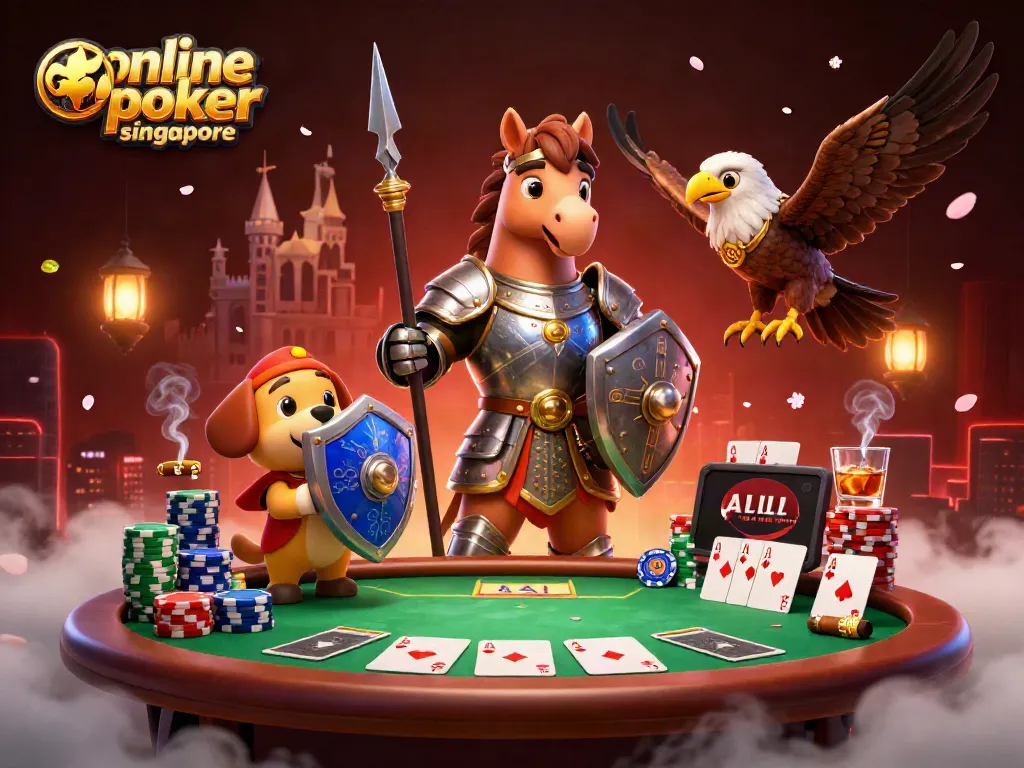 Experience the thrill of online poker singapore with a medieval knight at a poker table, chips scattered around.