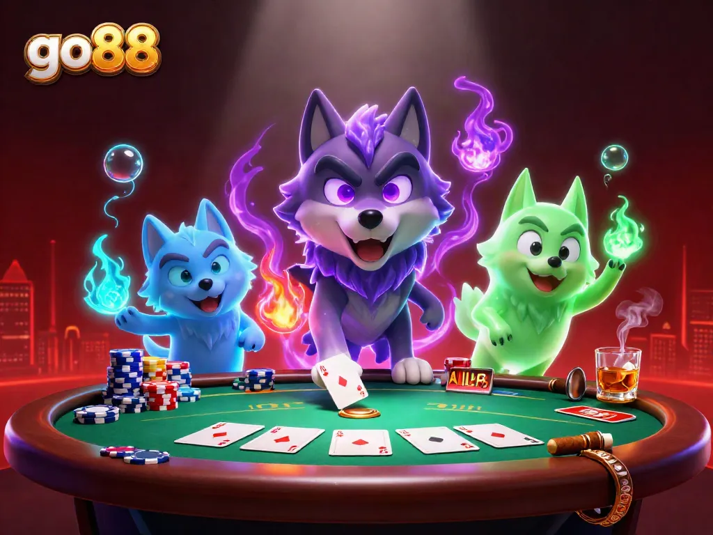 Engage in thrilling gameplay at go88, featuring a dynamic poker scene with mystical wolf characters.