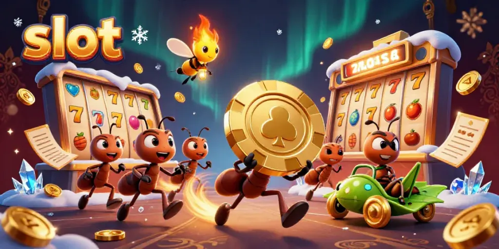 Ants heist carrying a giant poker chip amidst lively slot machine elements in a vibrant casino scene.