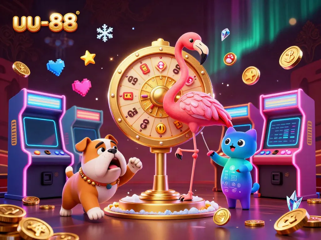 Excited players spinning a jackpot wheel at uu-88, vibrant 3D casino gaming atmosphere.