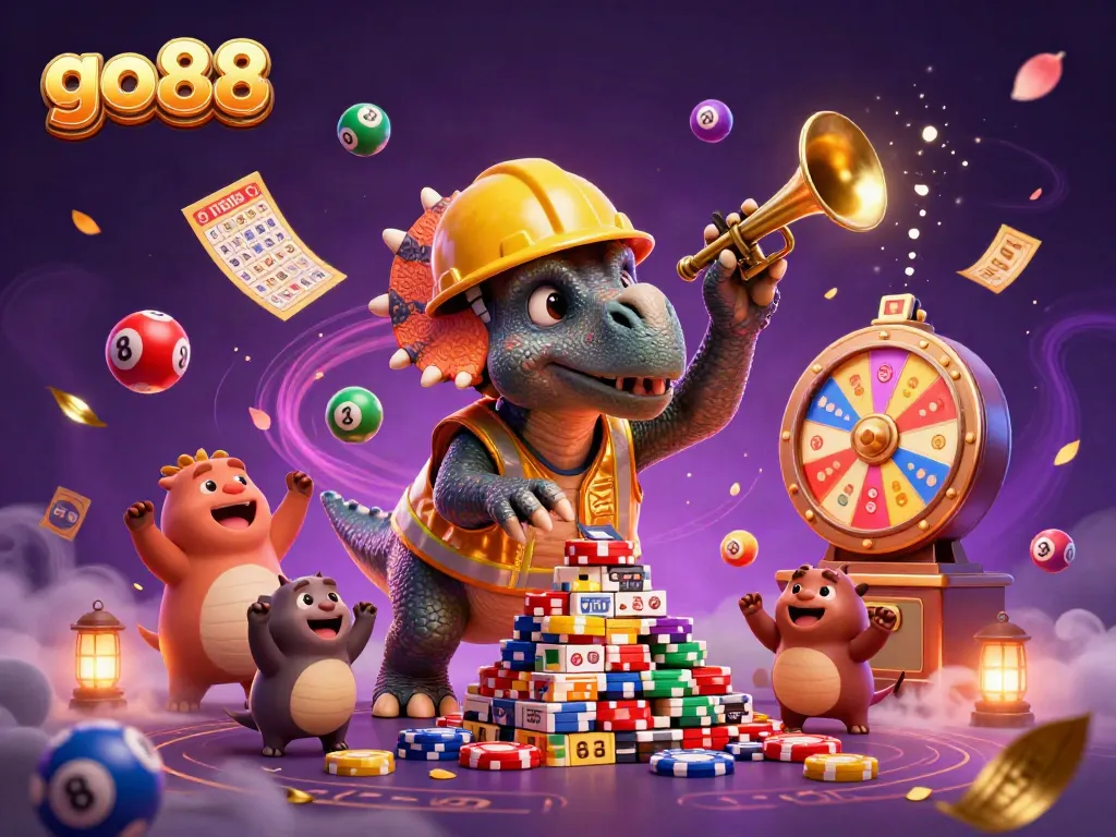 Engaging go88 casino illustration with a triceratops building poker chip pyramid and vibrant lottery elements.