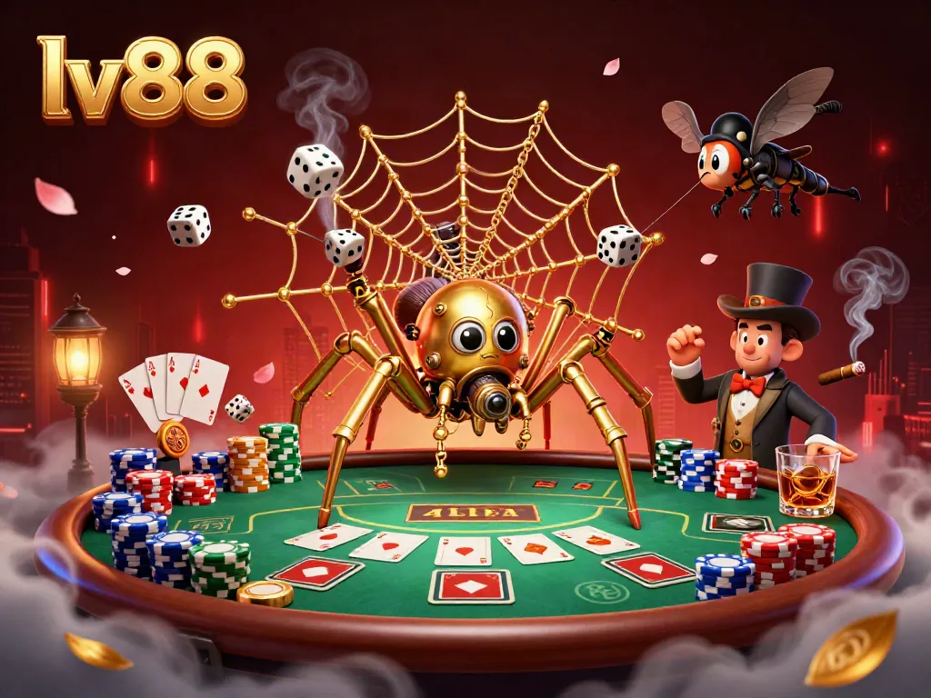 Experience the excitement of lv88 with a golden spider crafting a web of poker chips and dice in a lively casino scene.