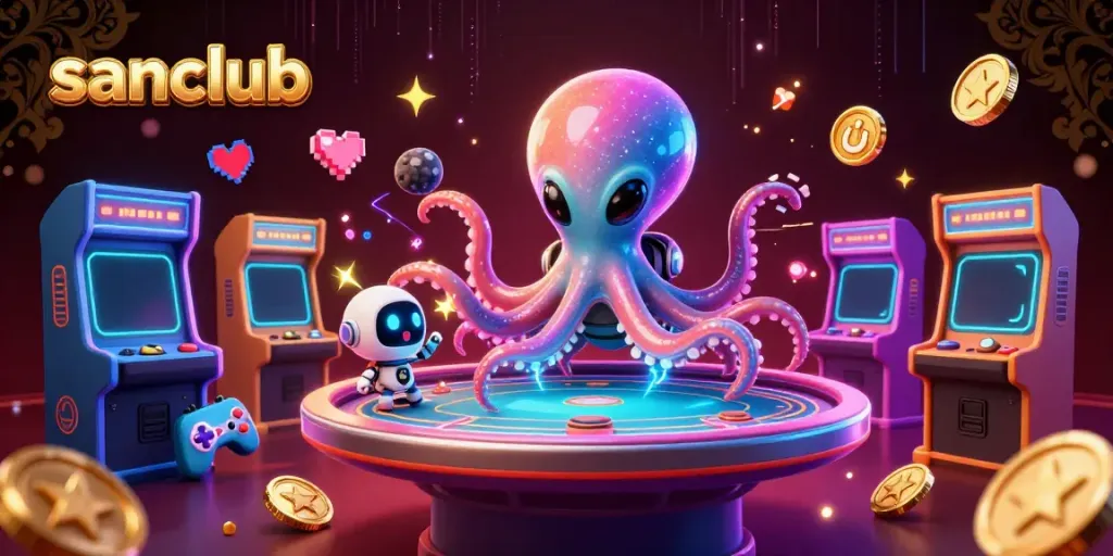 Engage in exciting gambling games at sanclub with a cosmic alien octopus at a holographic poker table.