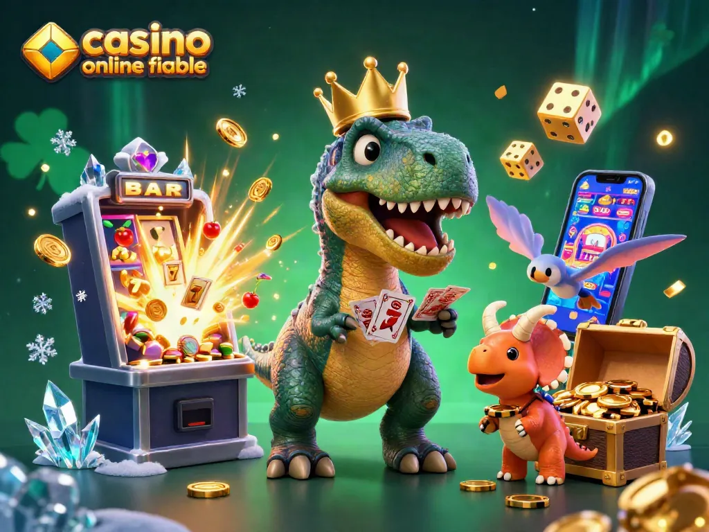 Juega en el casino online fiable mientras observa un T-Rex en acción con cartas y fichas doradas.