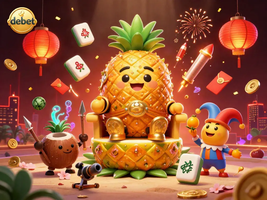 Experience the vibrant debet casino atmosphere with a cartoon golden pineapple king, along with coastal-themed gaming elements.