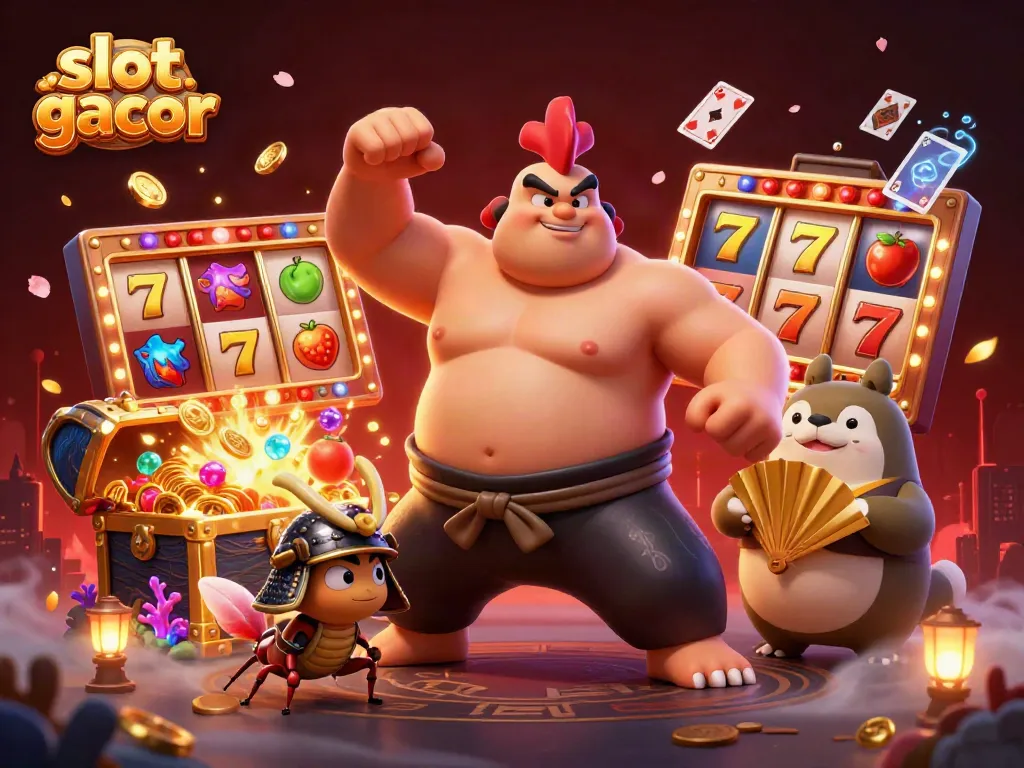Engage with thrilling slot gacor action featuring a powerful sumo rooster, fierce cricket, and a tanuki announcer.