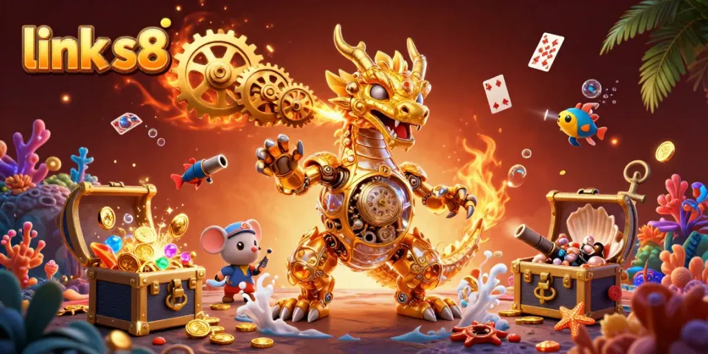 Engage in thrilling gameplay with link s8, showcased by a golden dragon and vibrant casino elements in 3D.