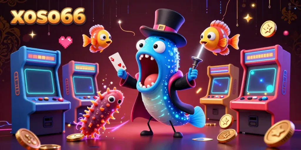 Experience exciting lottery games with xoso66, featuring fun characters in a vibrant casino scene.