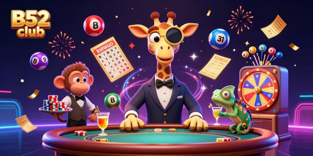 B52 club themed illustration featuring a high-roller giraffe, monkey valet, and chameleon bartender amidst vibrant casino elements.