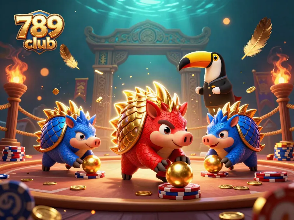 Join the excitement at 789 club with rival pangolins bowling through poker chips in a thrilling casino scene.