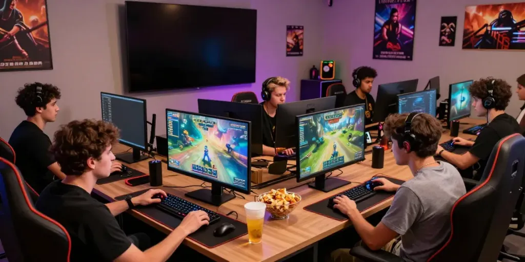 Diverse group of men enjoying gaming activities at a modern gaming hub, showcasing the lively atmosphere of Manclub.
