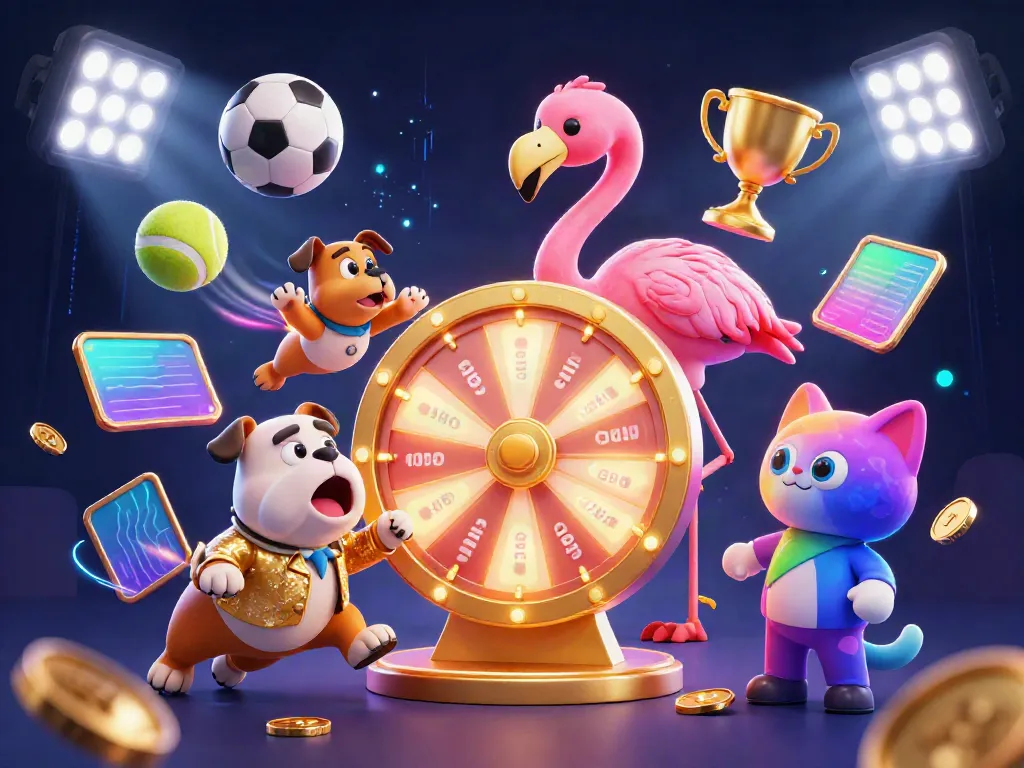 Spin the giant prize wheel at mubet with animated characters celebrating victory, sports balls flying around.