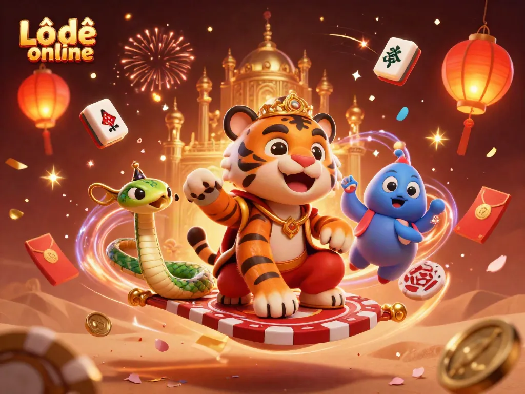 Experience the excitement of Lô đề online with a cartoon tiger sultan on a flying carpet surrounded by vibrant festive elements.