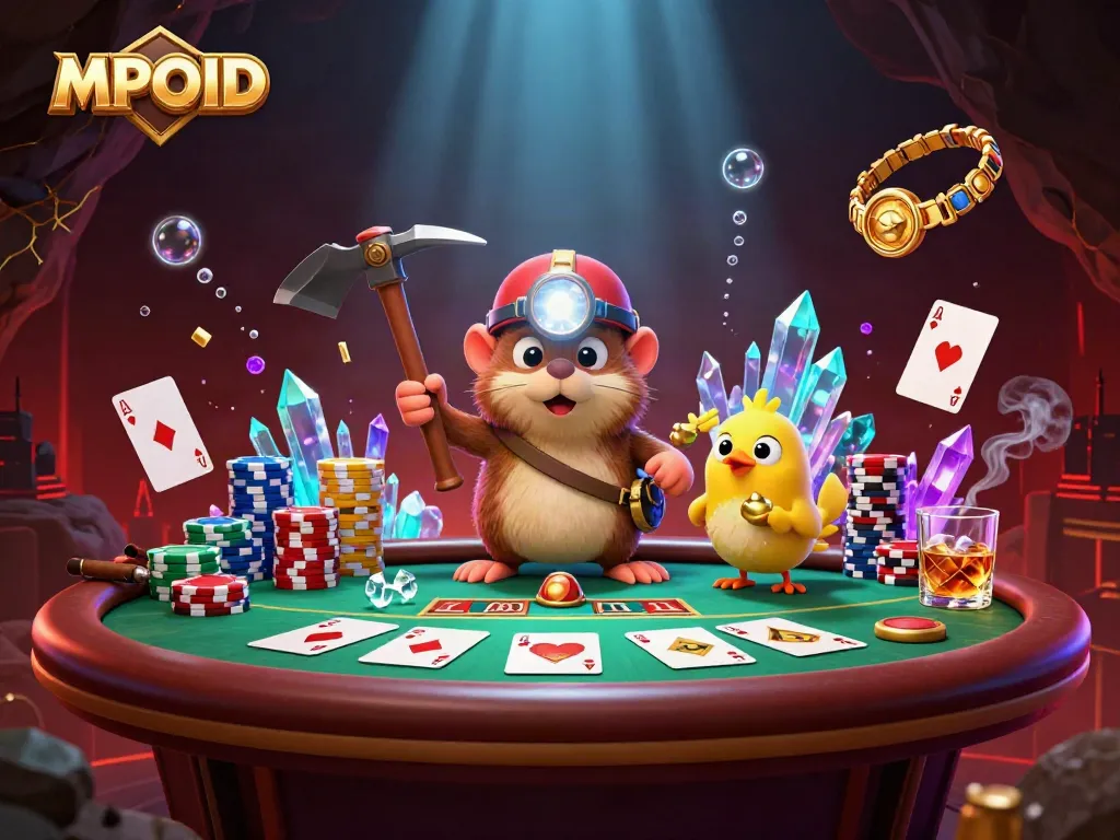 MPOID interactive gaming scene showcasing a treasure hunter mole and canary at a vibrant poker table