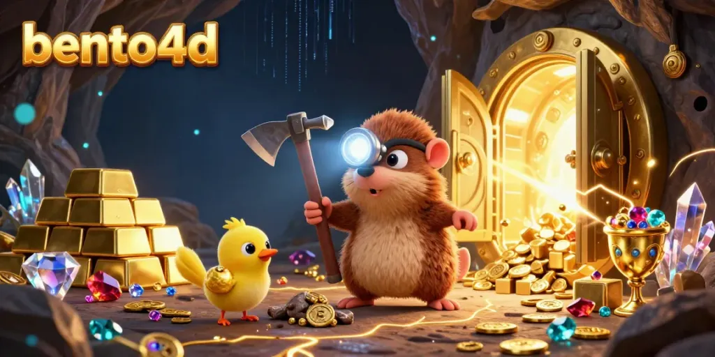 Bento4d captures the excitement of treasure hunting with a mole and canary amidst glowing gems and jackpots.