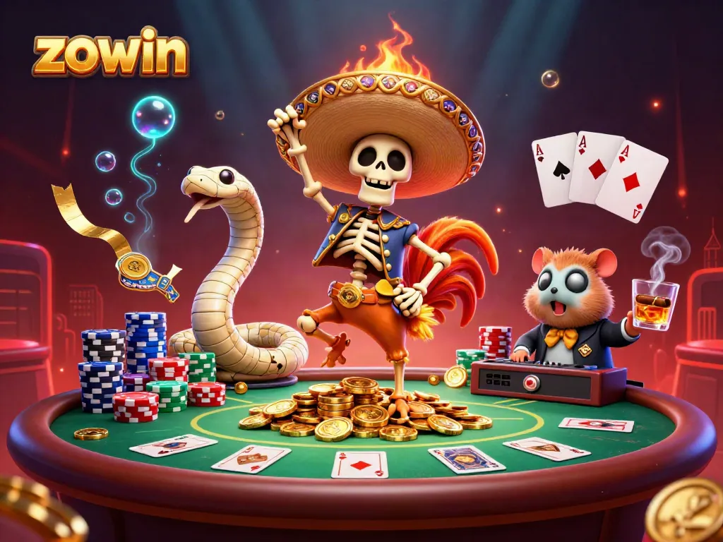 Zowin gaming scene featuring a lively mariachi rooster, mummy snake, and DJ hamster celebrating with poker elements