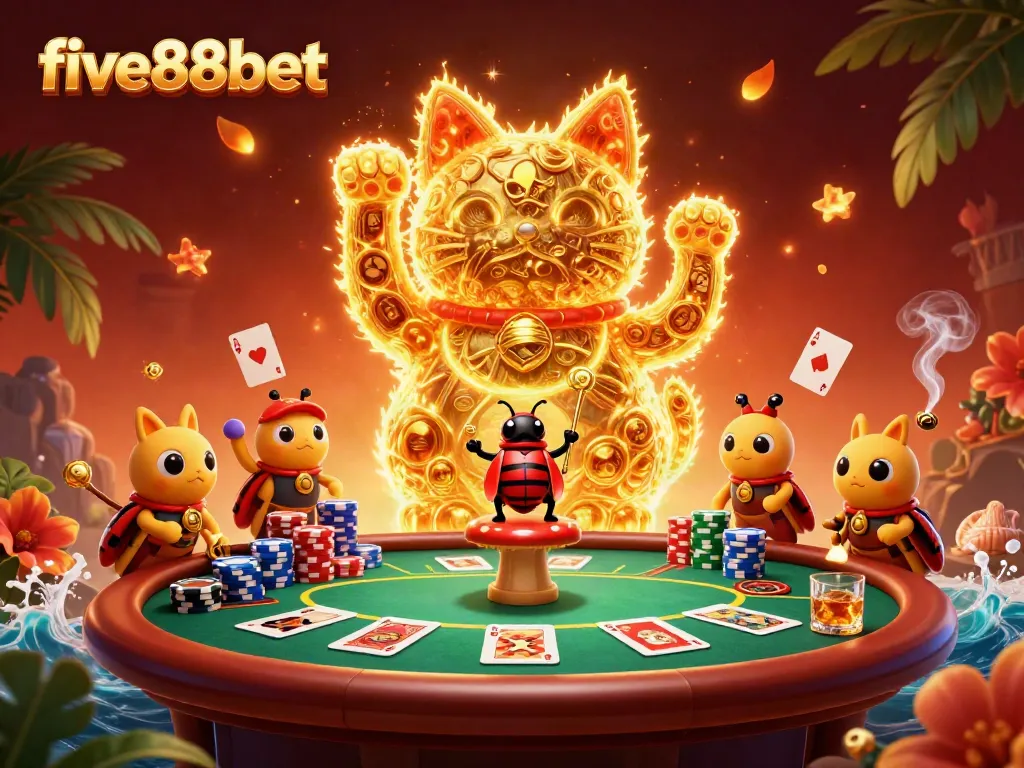Experience the vibrant world of five88bet with a stunning representation of a lucky cat and casino symbols.
