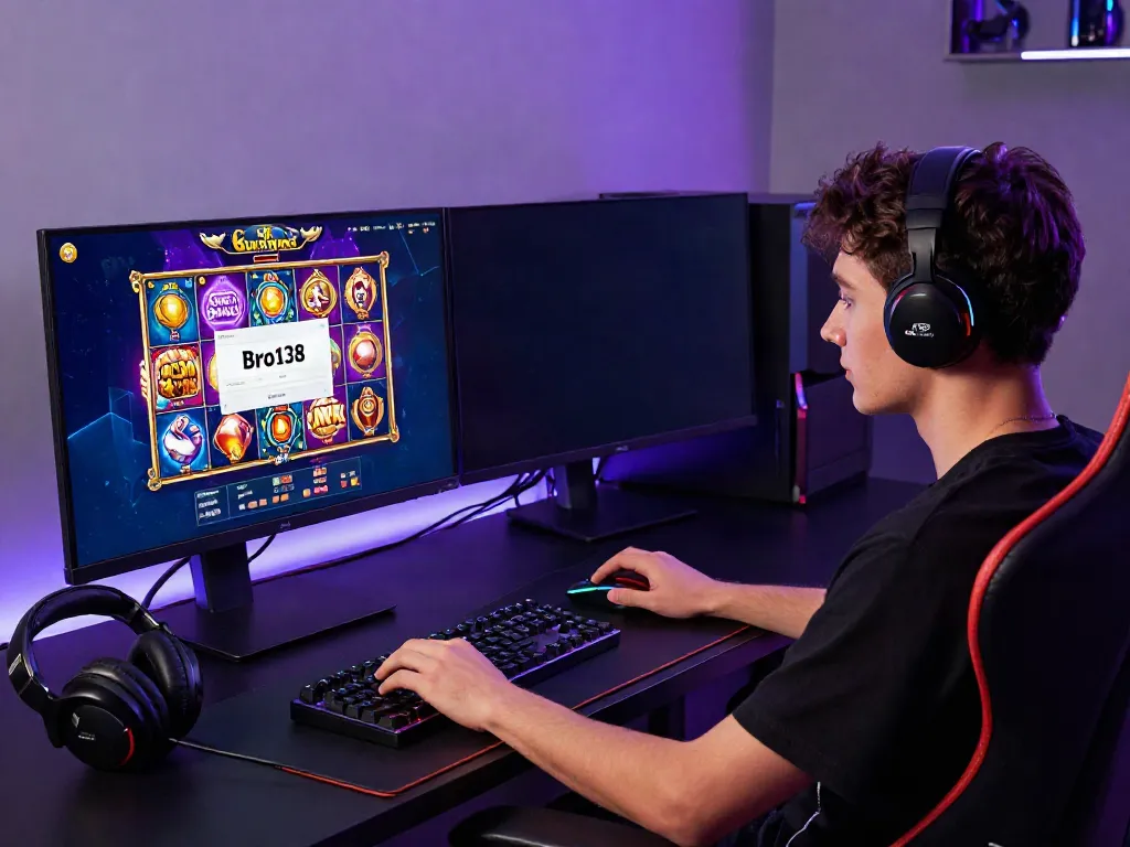 Young adult gaming online with bro138 login on dual monitors featuring colorful slot games.